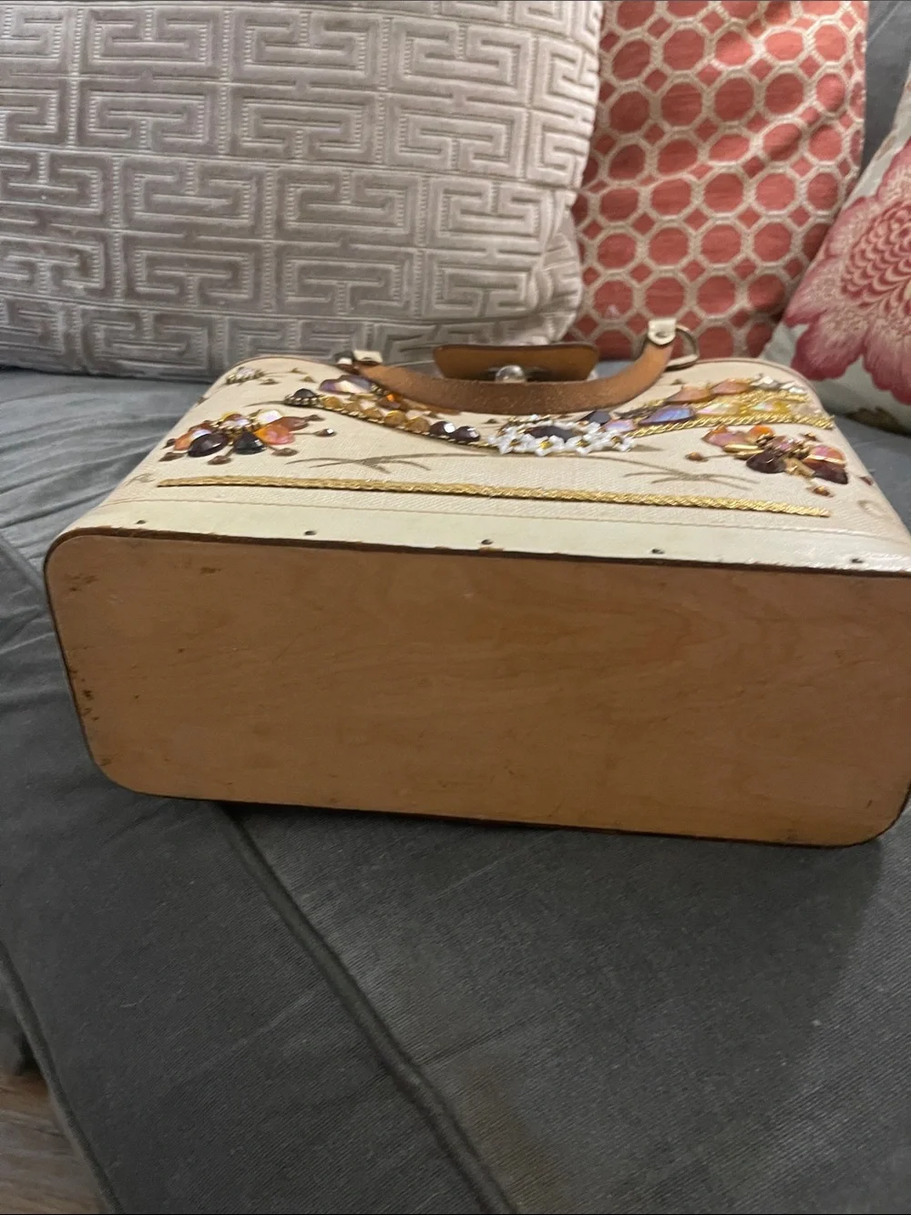 Vintage Embellished Cream Tote with Amber Jewel Bird Design